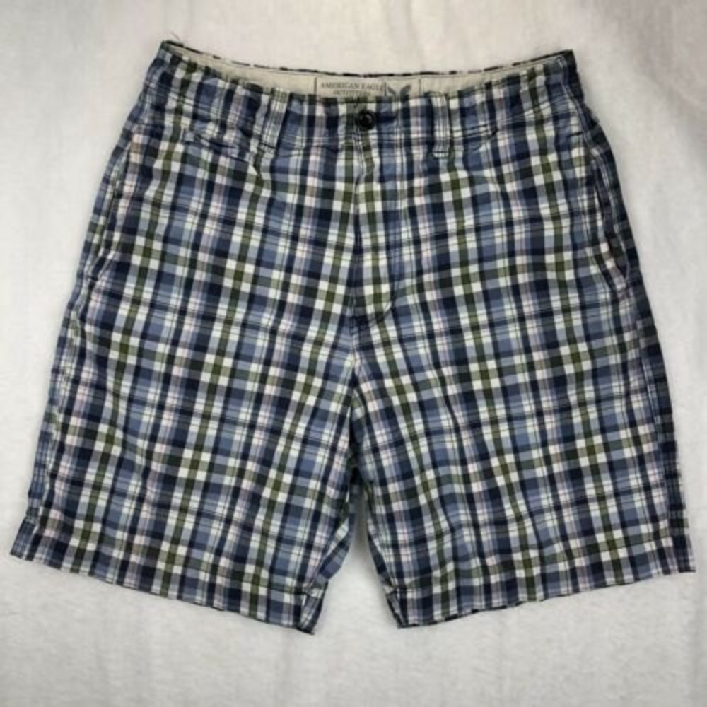 American Eagle Outfitters Men’s Sz 34 Blue Plaid Flat Front Shorts Long Wide Leg